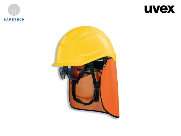 uvex pheos S-KR-IES Schutzhelm mit Kinnriemen, Bügelbrille 9192281 und Nackenschutz orange (BG Set)